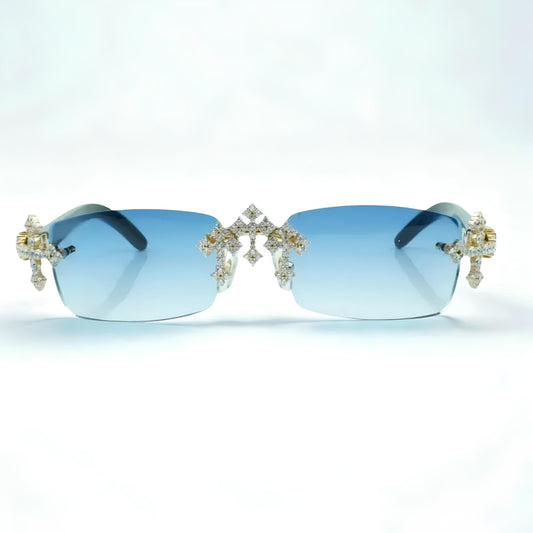 Iced Out Cross Black Buffs - Blue Lens - Dolla Shades