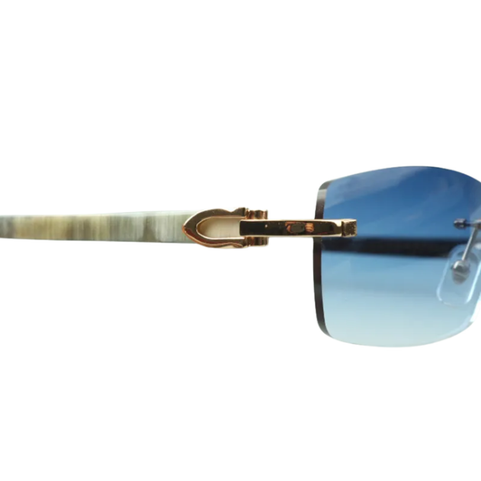 White Buffs Blue Lens Sunglasses | Premium Rimless Eyewear