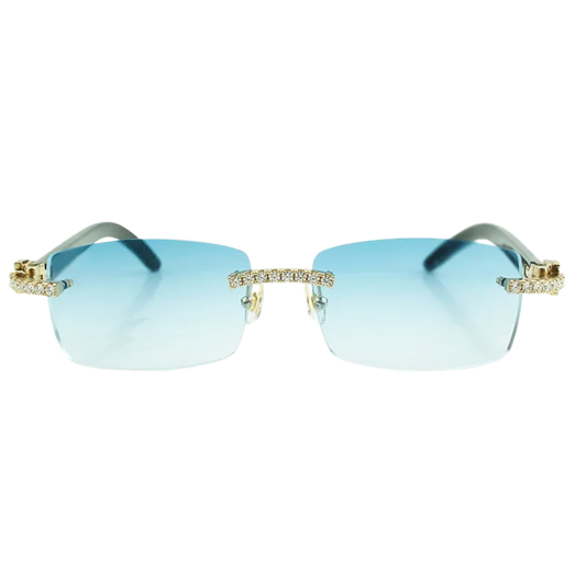 Iced Out White Buffs Blue Lens Sunglasses | Premium Rimless Eyewear