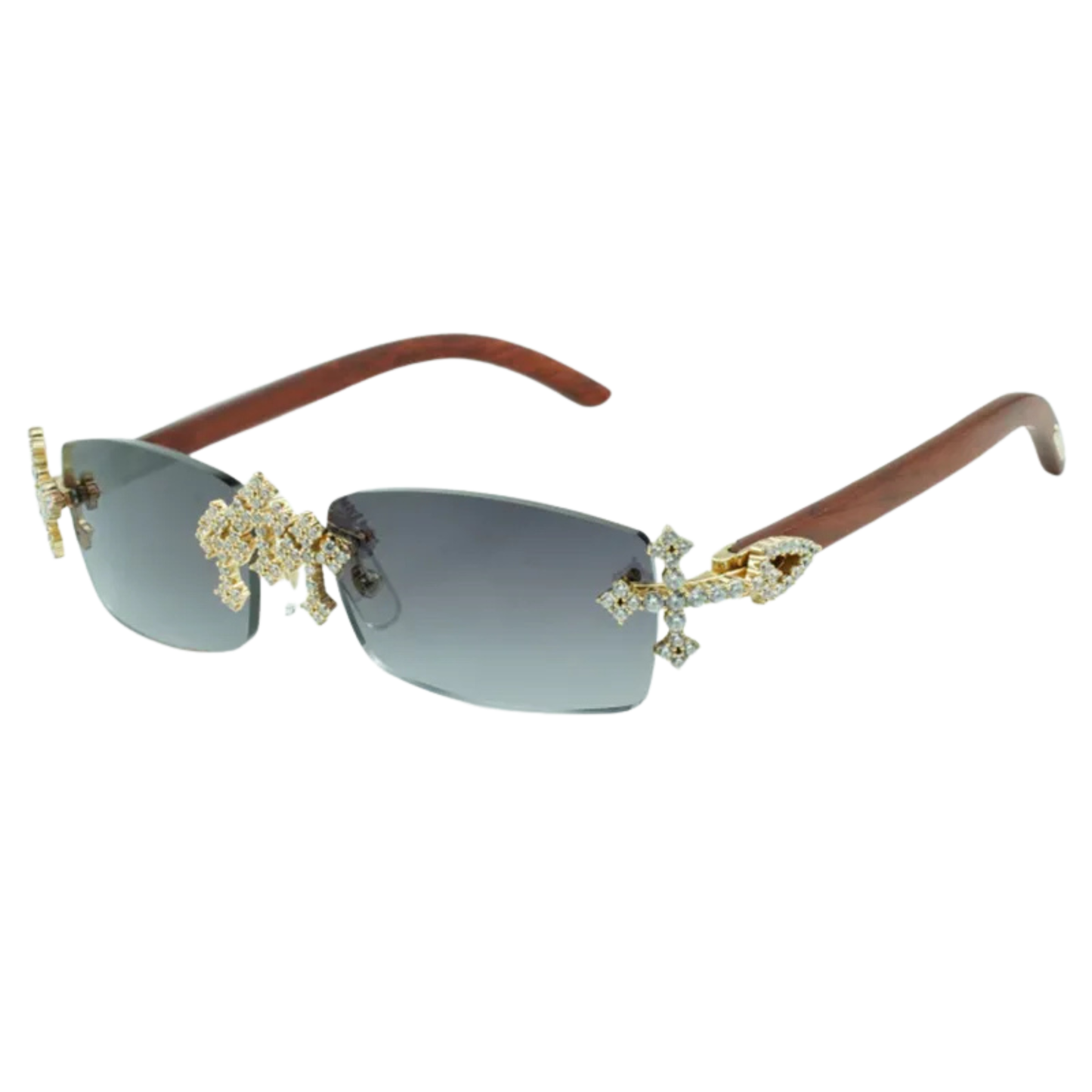 Iced Out Cross Wooden Frames - Blue Lens