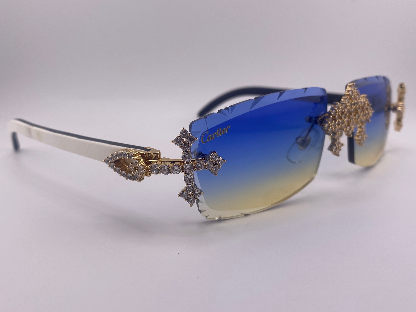 Iced Out Cross White Buffs - Diamond Cut Blue Lens