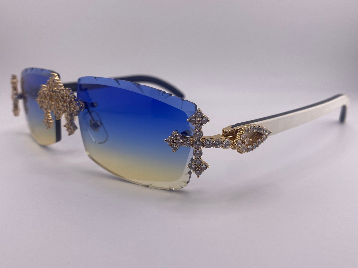 Iced Out Cross White Buffs - Diamond Cut Blue Lens