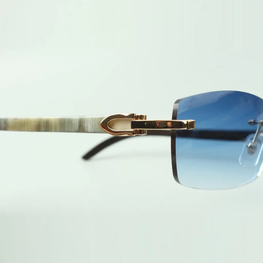 White Buffs Blue Lens Sunglasses | Premium Rimless Eyewear