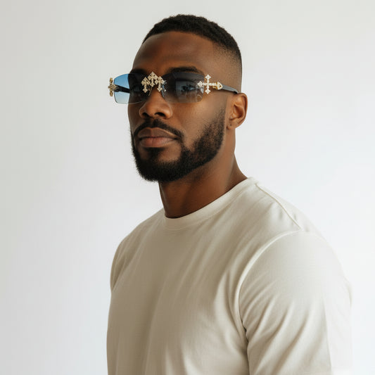 Iced Out Cross Black Buffs - Blue Lens - Dolla Shades