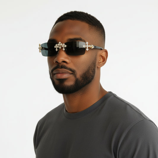 Iced Out Cross Black Buffs - Black Lens - Dolla Shades