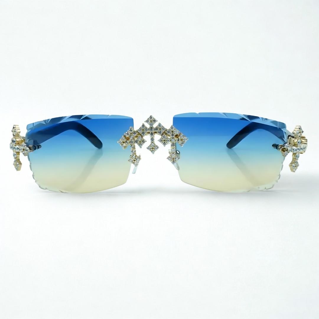 Iced Out Cross White Buffs - Diamond Cut  Blue Lens - Dolla Shades