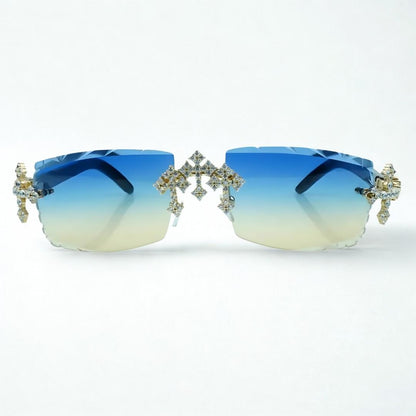 Iced Out Cross White Buffs - Diamond Cut  Blue Lens - Dolla Shades