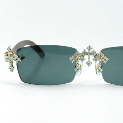 Iced Out Cross Wooden Frames - Black Lens - Dolla Shades