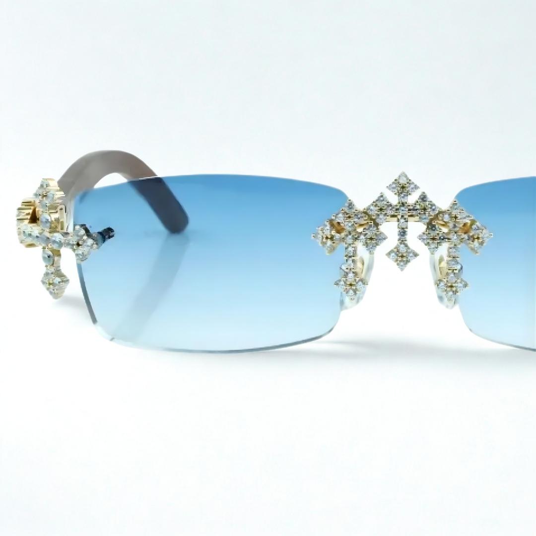 Iced Out Cross Wooden Frames - Blue Lens - Dolla Shades