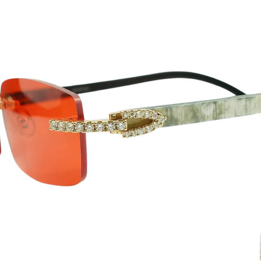 Iced Out White Buffs Red Lens Sunglasses | Premium Rimless Eyewear