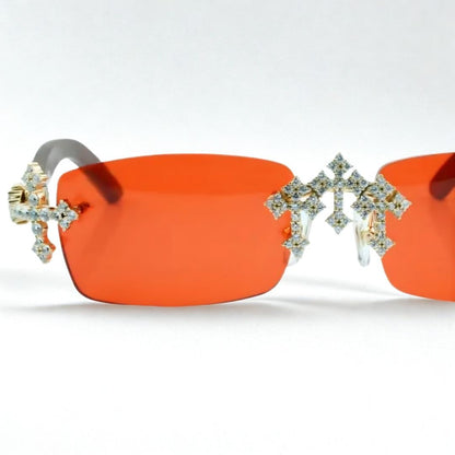 Iced Out Cross Wooden Frames - Red Lens - Dolla Shades