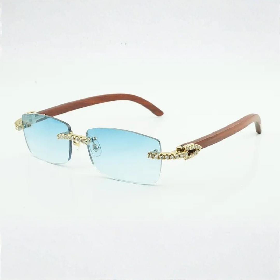 Iced Out Wooden Frames Blue Lens - Dolla Shades