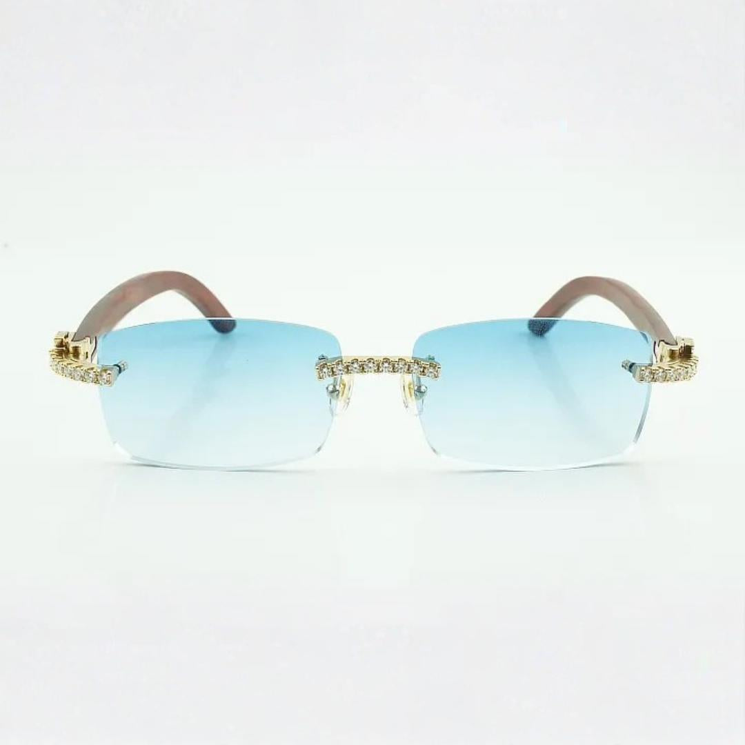 Iced Out Wooden Frames Blue Lens - Dolla Shades