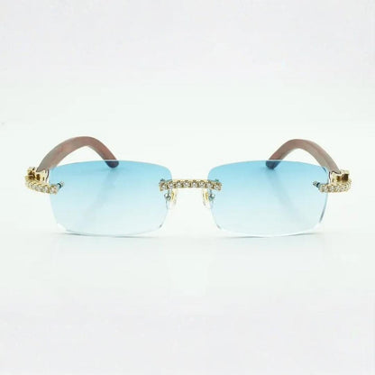 Iced Out Wooden Frames Blue Lens - Dolla Shades