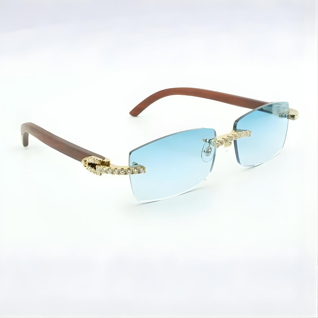 Iced Out Wooden Frames Blue Lens - Dolla Shades