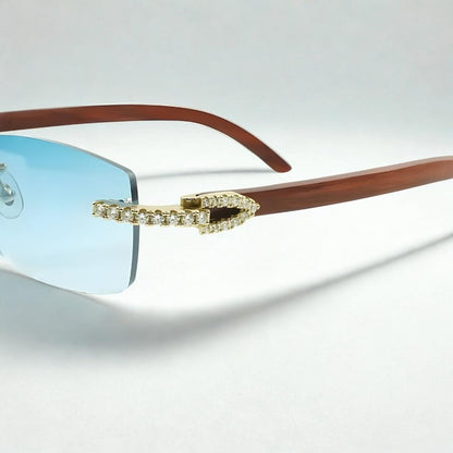 Iced Out Wooden Frames Blue Lens - Dolla Shades