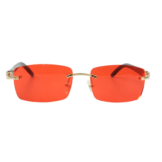 Black Buffs Red Lens Sunglasses | Premium Rimless Eyewear