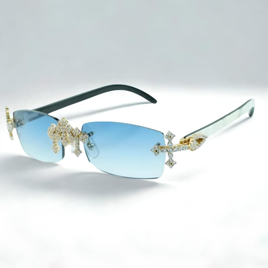 Iced Out Cross White Buffs - Blue Lens - Dolla Shades