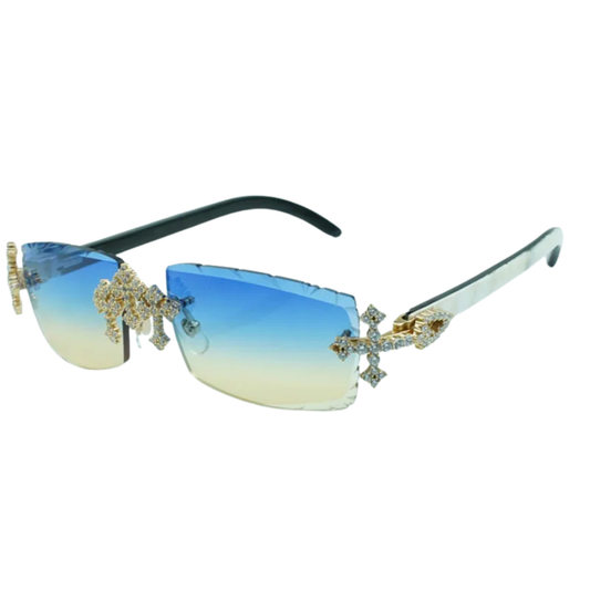 Iced Out Cross White Buffs - Diamond Cut  Blue Lens