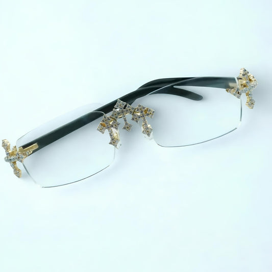 Iced Out Cross White Buffs - Blue Lens - Dolla Shades