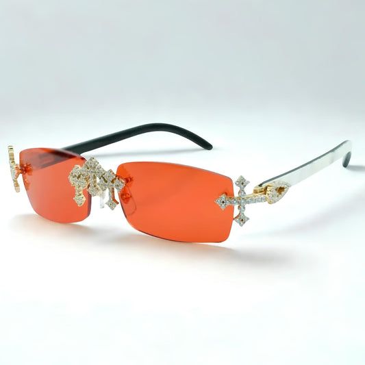 Iced Out Cross White Buffs - Blue Lens - Dolla Shades