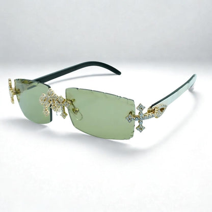 Iced Out Cross White Buffs - Green Diamond Cut Lens - Dolla Shades