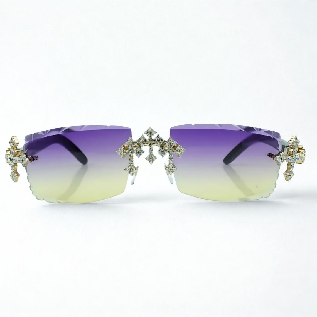 Iced Out Cross White Buffs - Purple Diamond Cut Lens - Dolla Shades