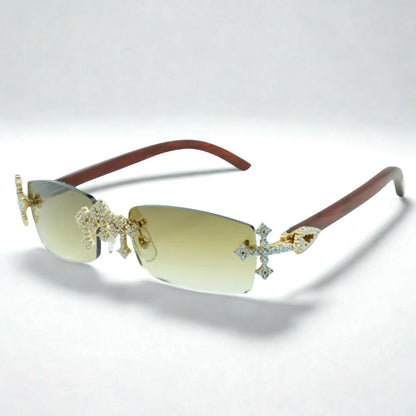 Iced Out Cross Wooden Frames - Silver Lens - Dolla Shades