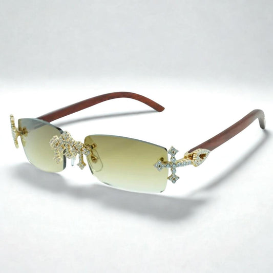 Iced Out Cross Wooden Frames - Brown Lens