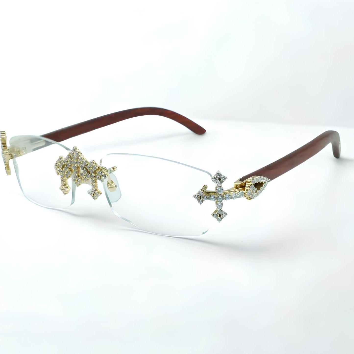 Iced Out Cross Wooden Frames Clear Lens