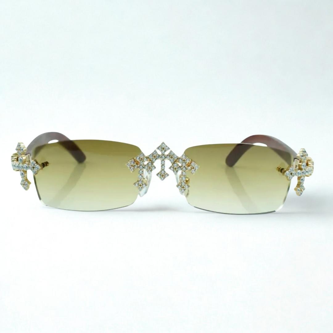 Iced Out Cross Wooden Frames - Brown Lens - Dolla Shades