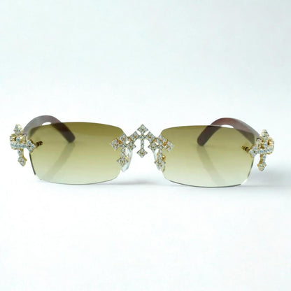 Iced Out Cross Wooden Frames - Brown Lens - Dolla Shades