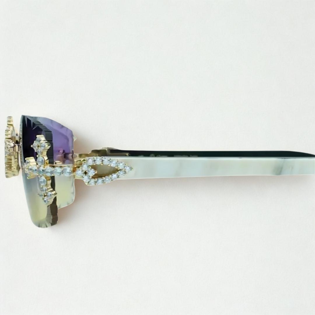 Iced Out Cross White Buffs - Purple Diamond Cut Lens - Dolla Shades