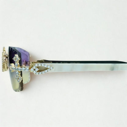 Iced Out Cross White Buffs - Purple Diamond Cut Lens - Dolla Shades