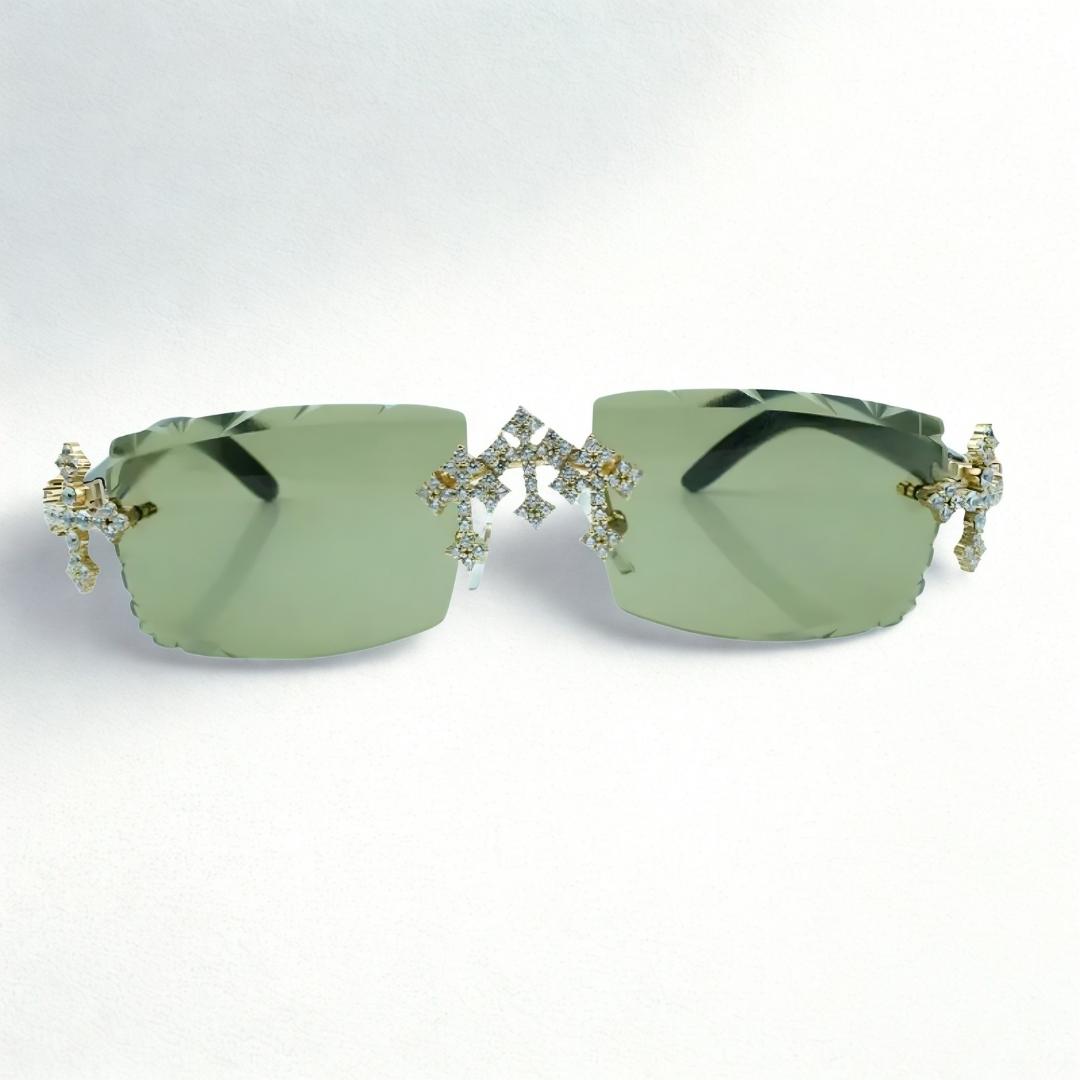 Iced Out Cross White Buffs - Green Diamond Cut Lens - Dolla Shades