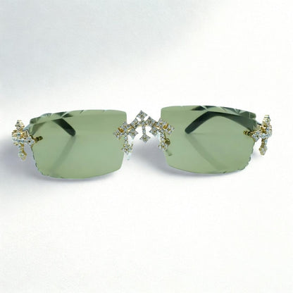 Iced Out Cross White Buffs - Green Diamond Cut Lens - Dolla Shades