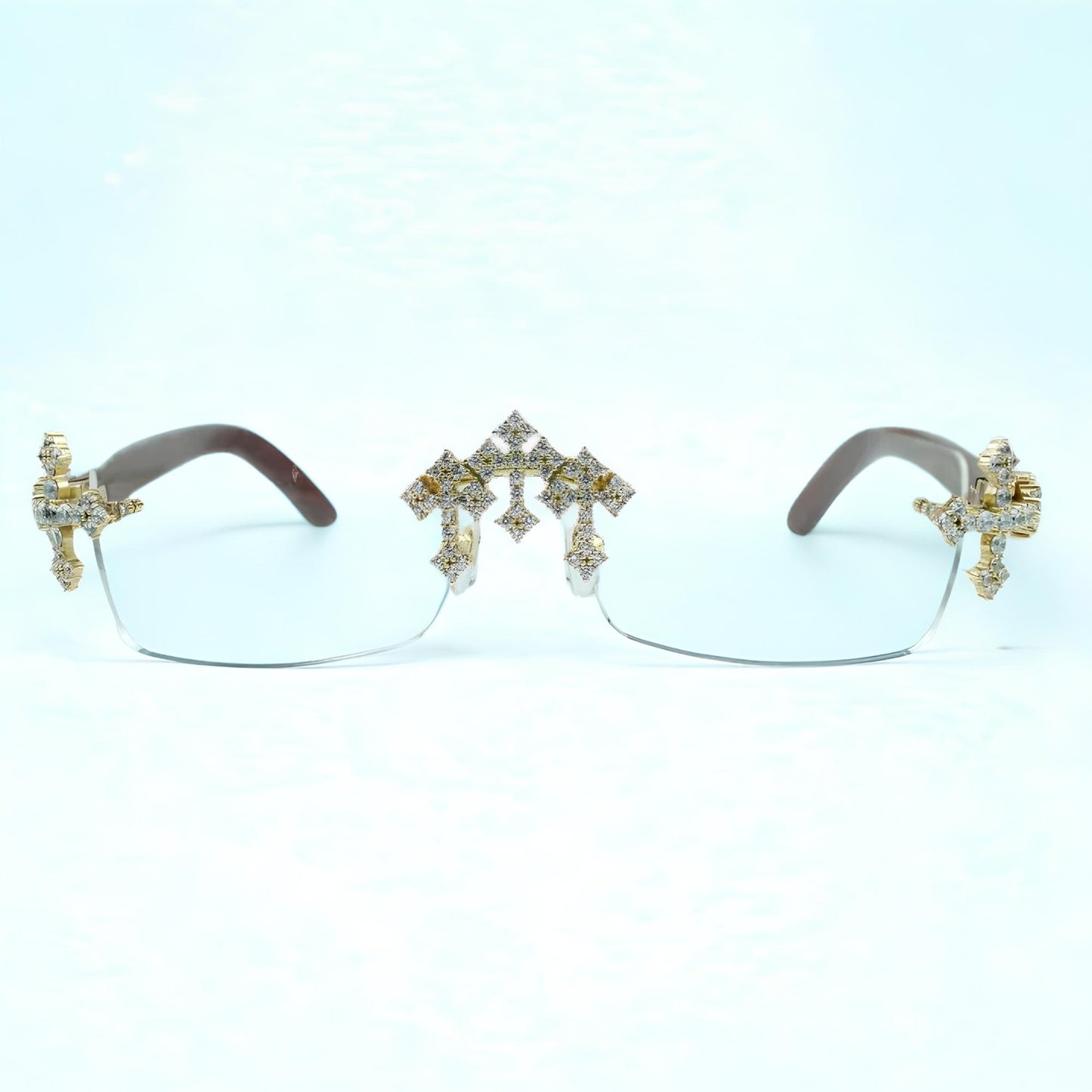 Iced Out Cross Wooden Frames Clear Lens