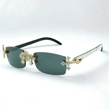 Iced Out Cross White Buffs - Blue Lens - Dolla Shades