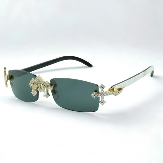 Iced Out Cross White Buffs - Blue Lens - Dolla Shades