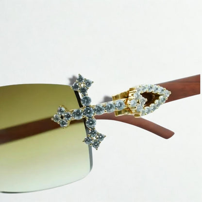 Iced Out Cross Wooden Frames - Brown Lens - Dolla Shades