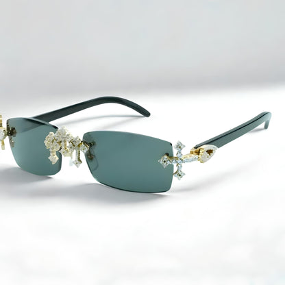 Iced Out Cross Black Buffs - Blue Lens - Dolla Shades