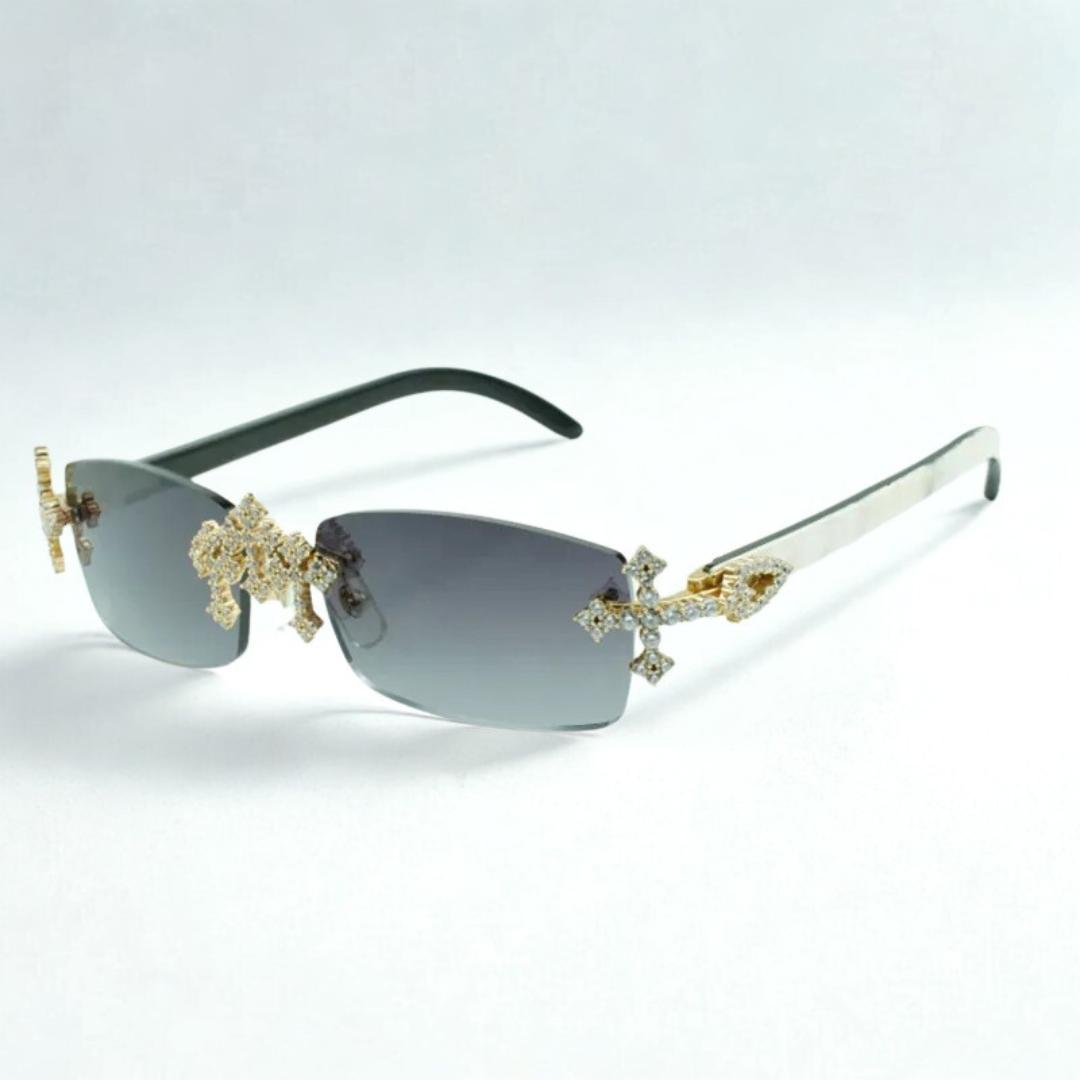 Iced Out Cross White Buffs - Blue Lens - Dolla Shades