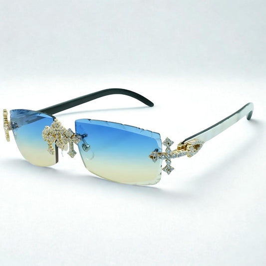 Iced Out Cross White Buffs - Green Diamond Cut Lens - Dolla Shades