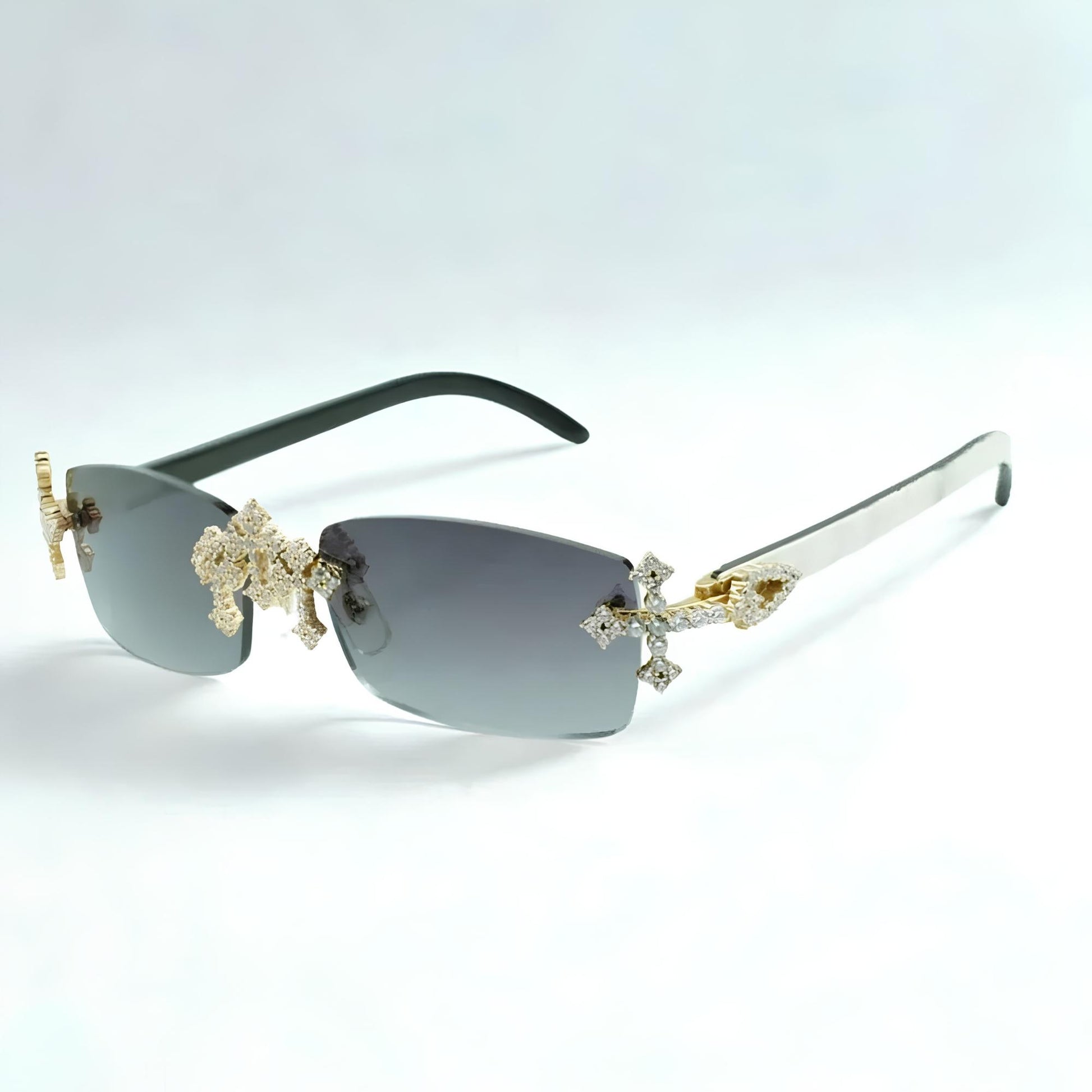 Iced Out Cross White Buffs - Blue Lens - Dolla Shades