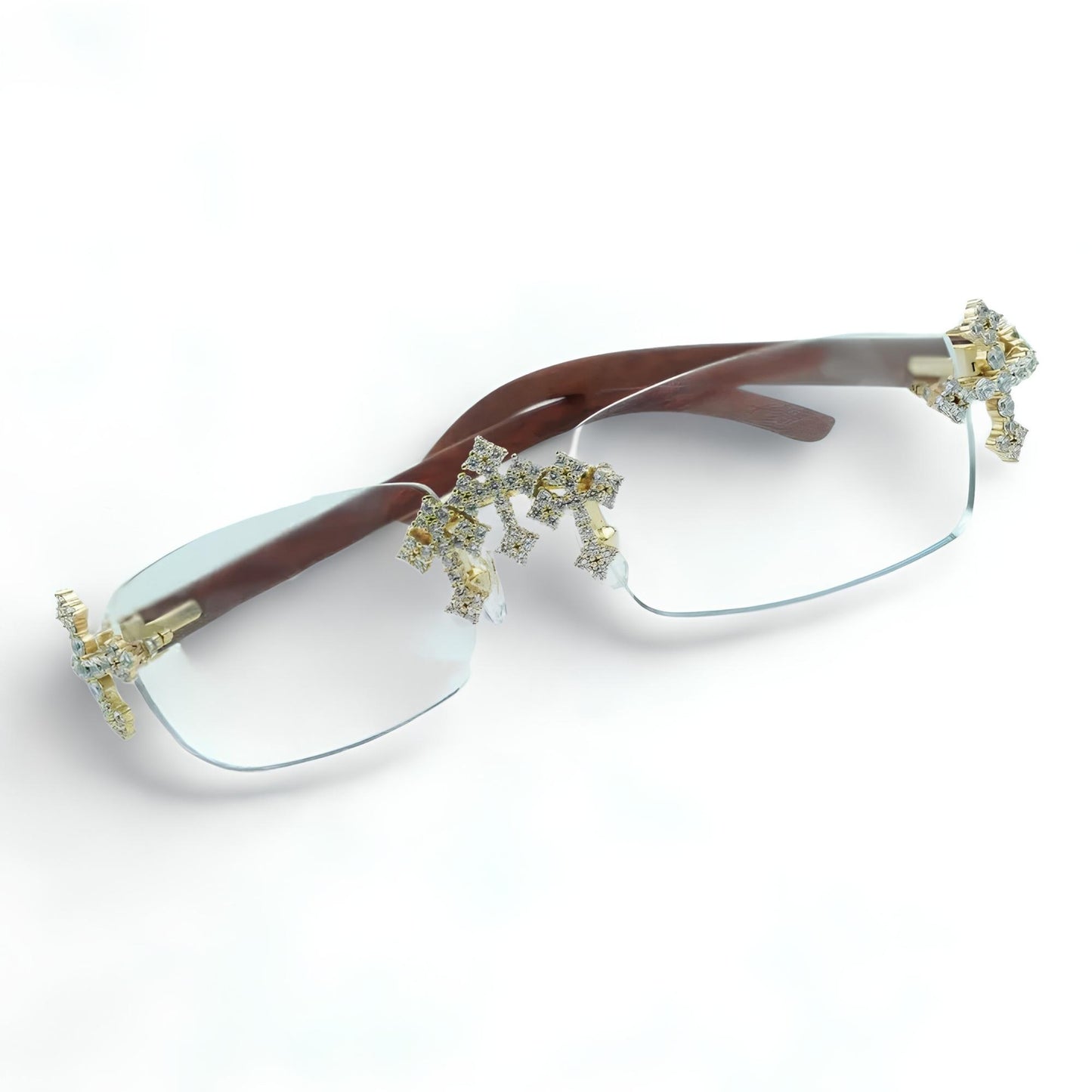 Iced Out Cross Wooden Frames Clear Lens