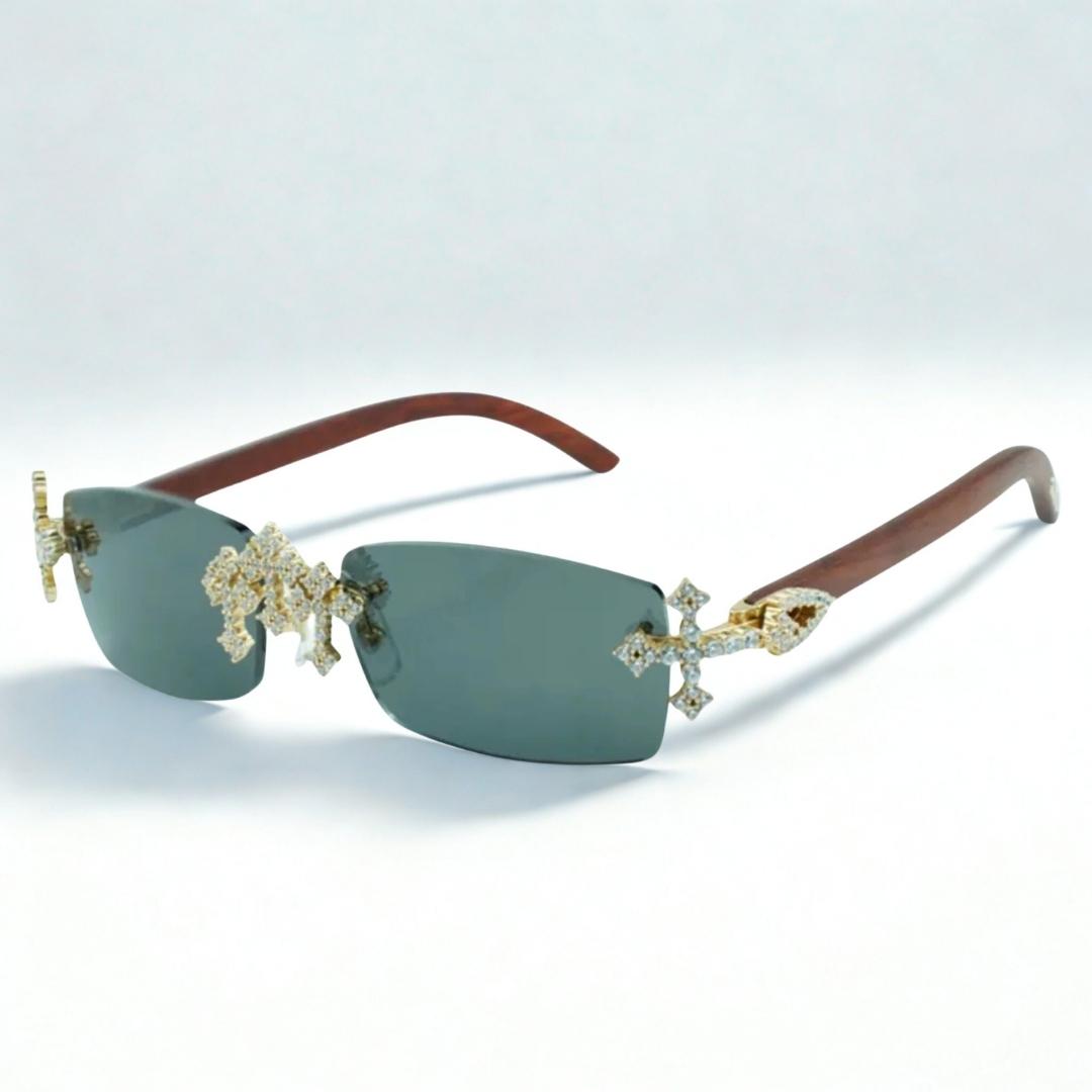 Iced Out Cross Wooden Frames - Silver Lens - Dolla Shades