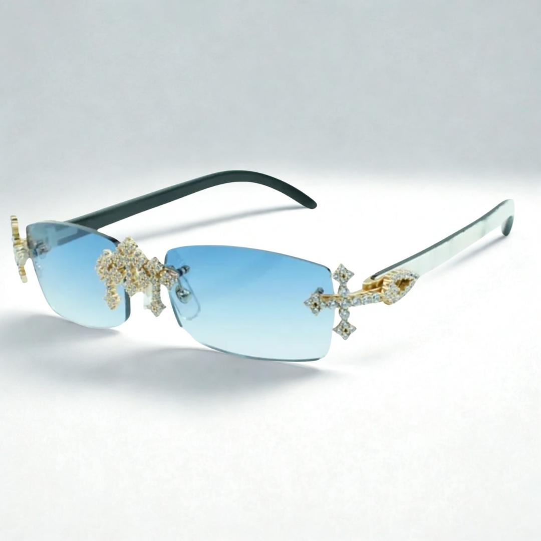 Iced Out Cross White Buffs - Blue Lens - Dolla Shades