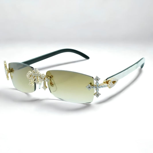 Iced Out Cross White Buffs - Blue Lens - Dolla Shades