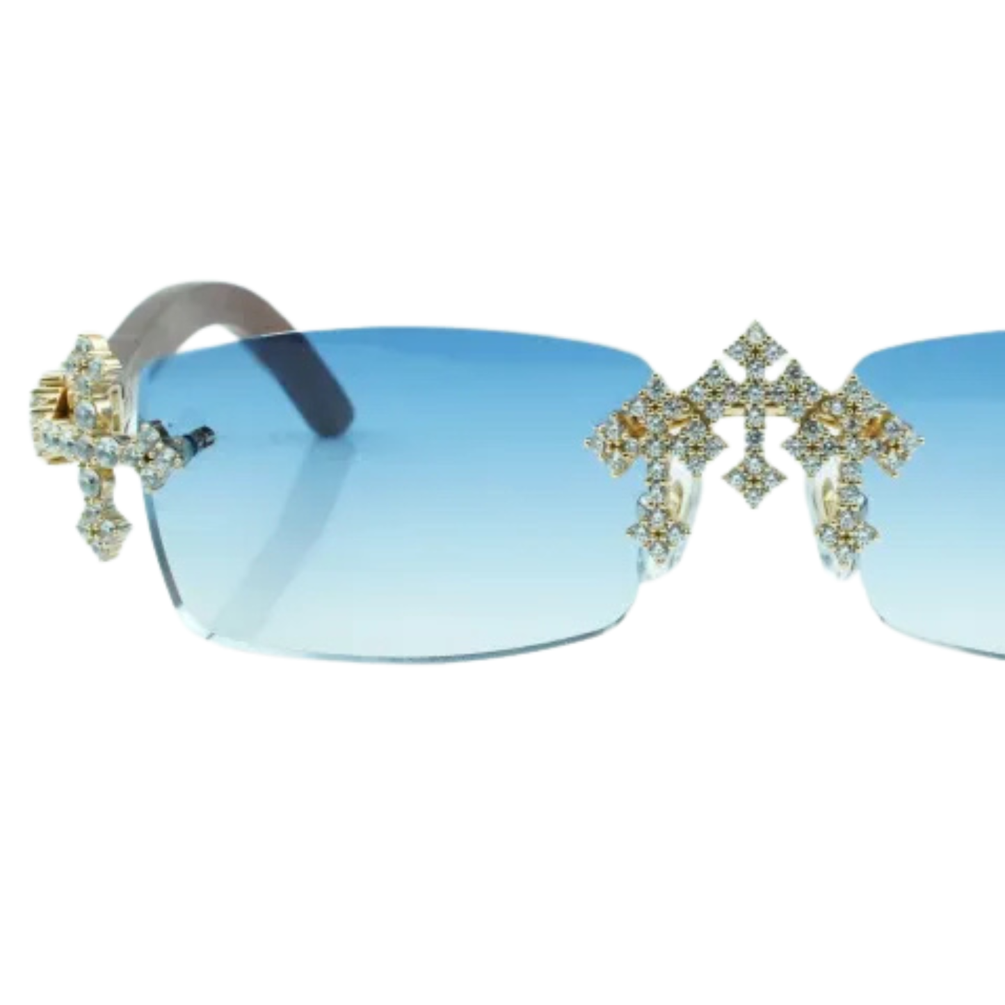 Iced Out Cross Wooden Frames - Blue Lens
