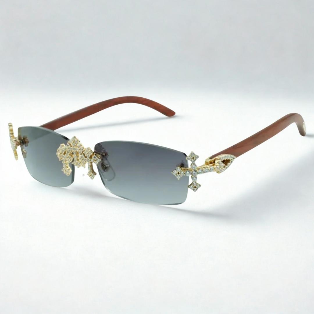 Iced Out Cross Wooden Frames - Silver Lens - Dolla Shades